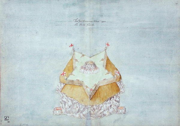 Fort Devereux位于Ferne岛的Uppon，c.1597-1601（wc，铅笔和钢笔和墨水在纸上用亚麻布支撑） 作者 罗伯特·德弗勒克斯