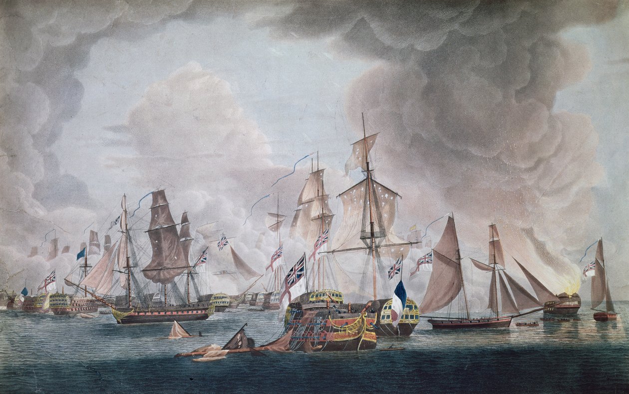 1805年特拉法加战役中法国和西班牙联合部队的失败（彩色雕刻） 作者 罗伯特·多德