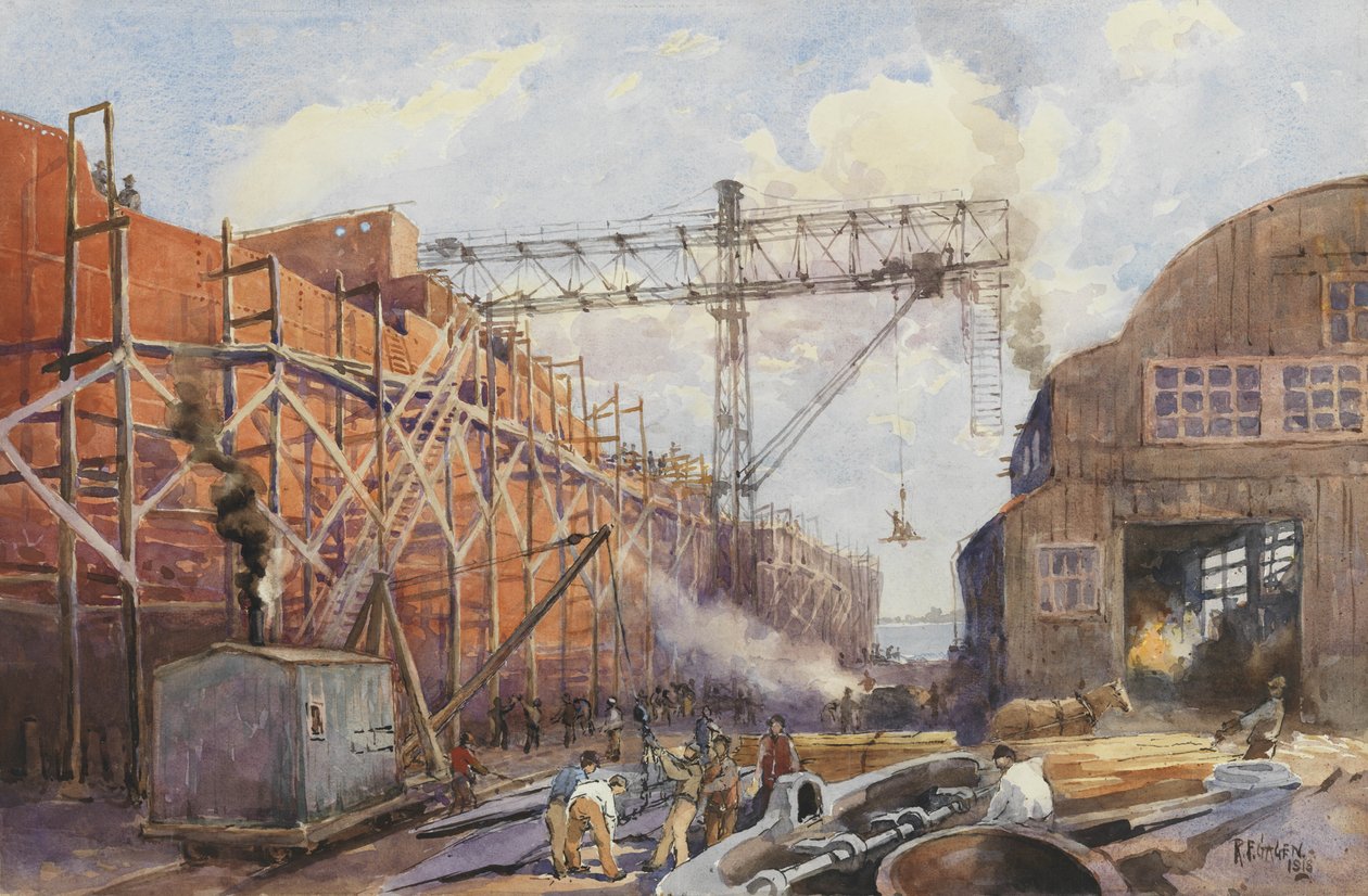 Polson Iron Work Yard，Ship War Hydra on Stocks，1918 作者 罗伯特·福特·加根