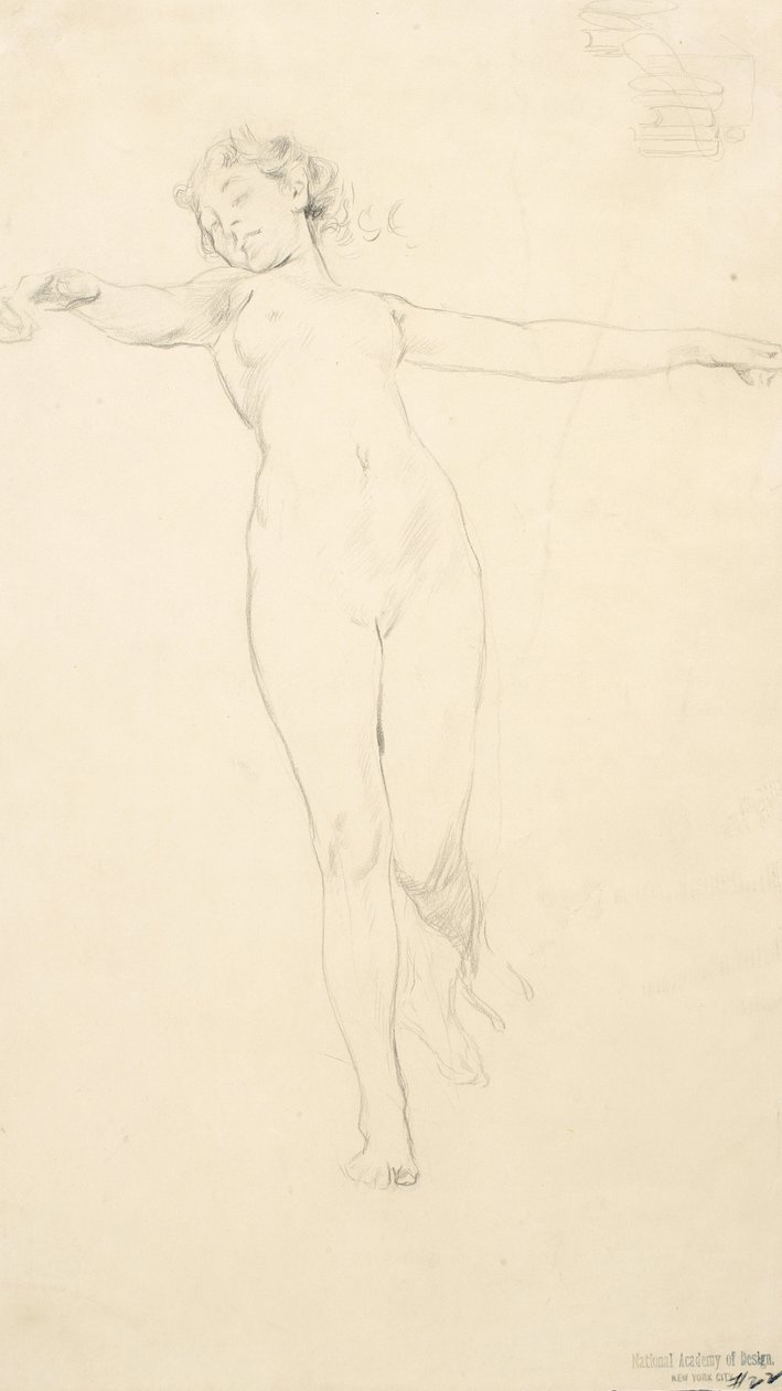 站立的女性裸体素描，可能为心情音乐壁画，1893-95（浅黄色纸上的石墨） 作者 罗伯特·弗雷德里克·布鲁姆