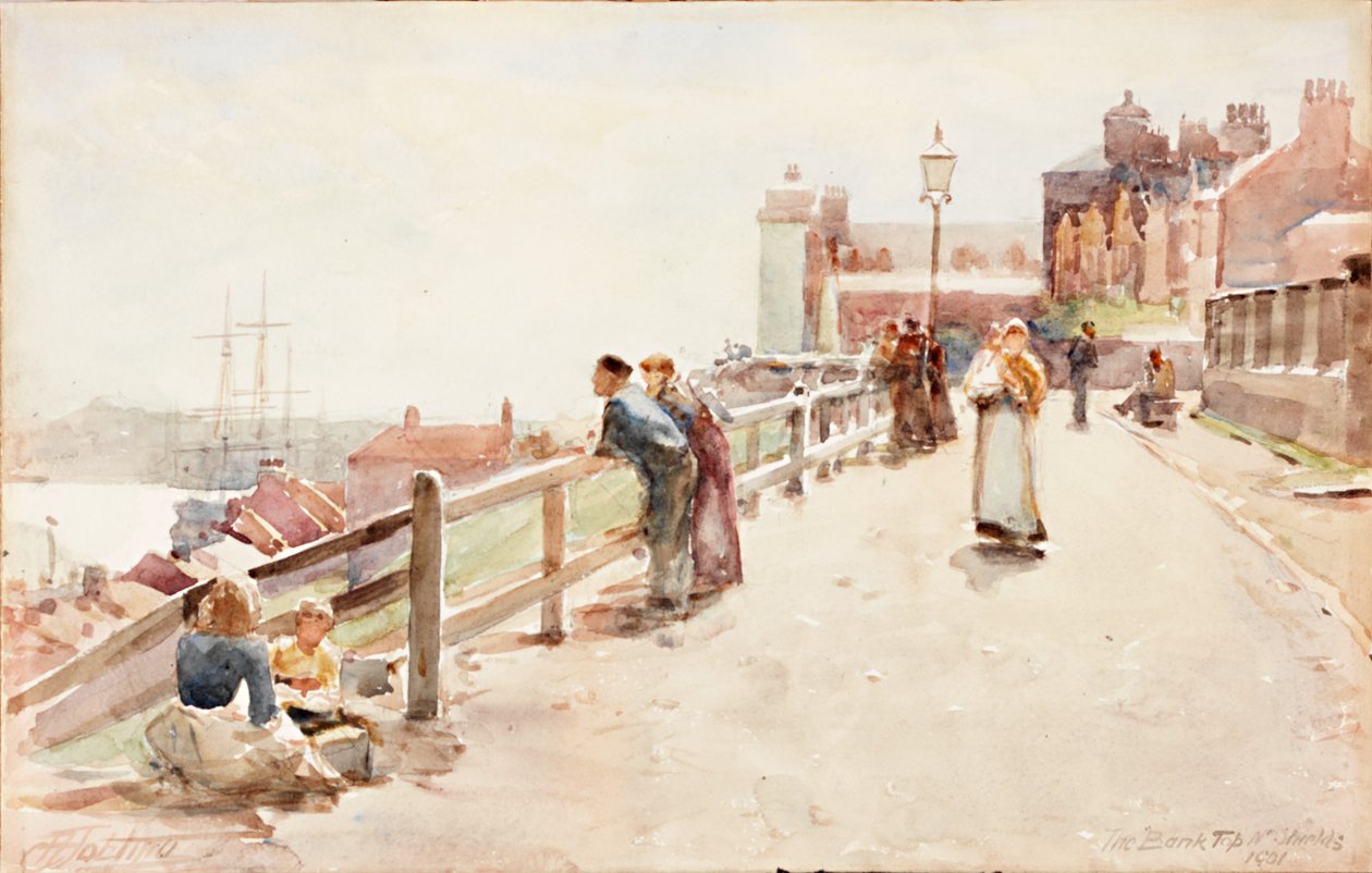 The Bank Top，North Shields 1901（卡片上的铅笔和水彩画） 作者 罗伯特·乔布林