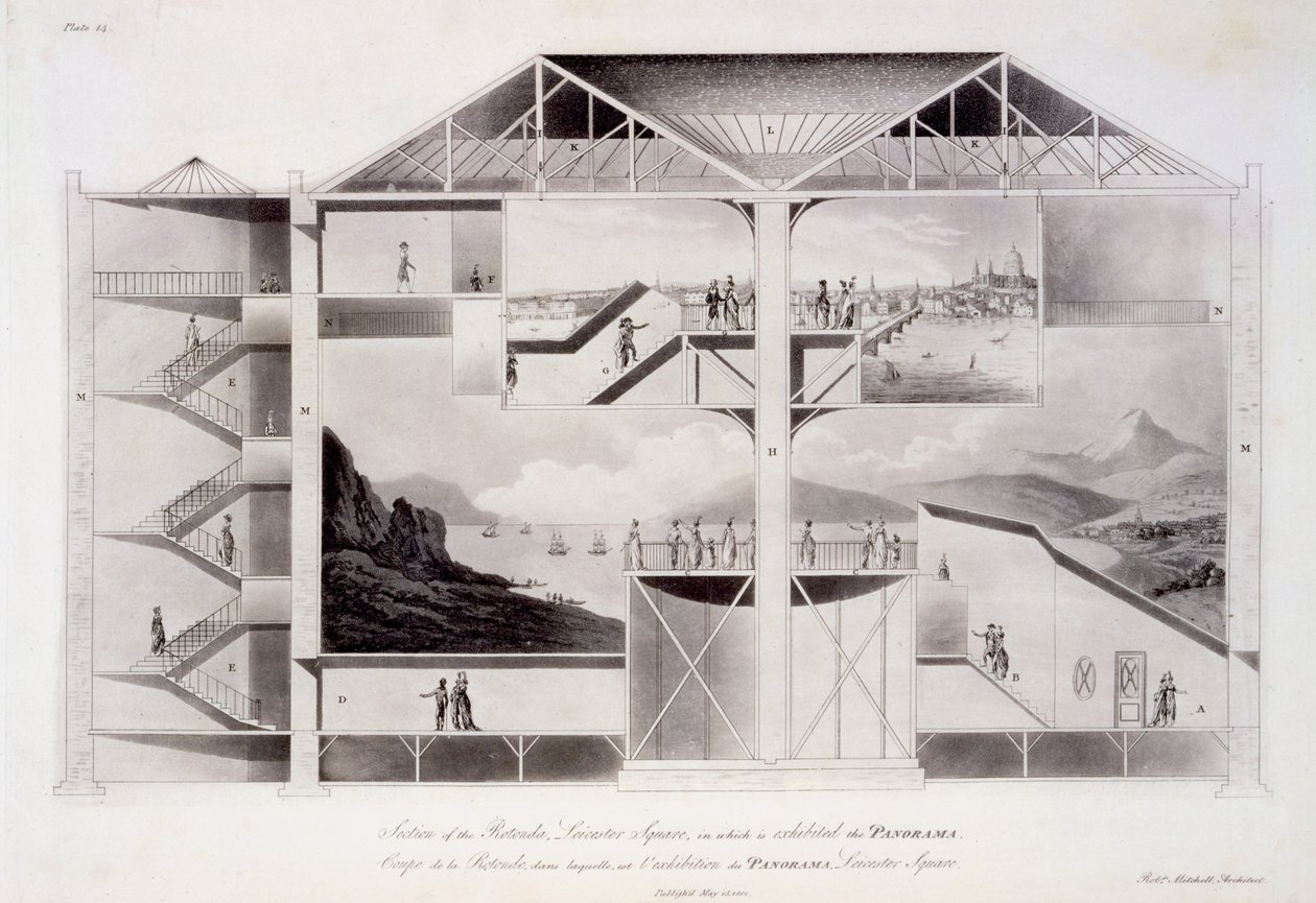 1801年5月15日出版的莱斯特广场圆形大厅的剖面图（蚀刻和aquatint） 作者 罗伯特·米切尔
