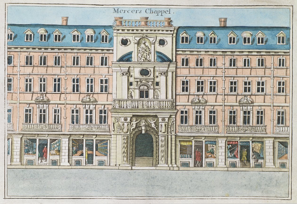 Mercers Chapel，来自“伦敦金融城的显着位置前景之书”，c.1700 作者 罗伯特·莫登