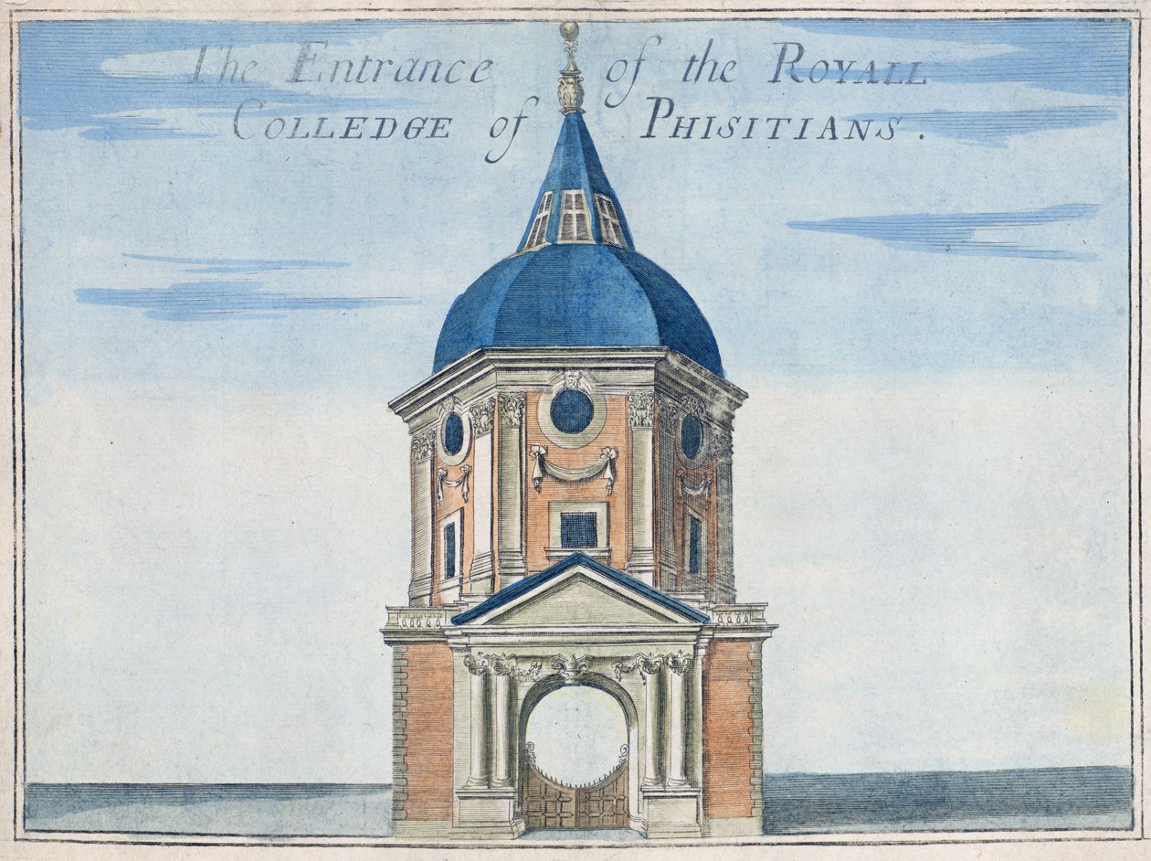 英国皇家内科医学院入口，来自“伦敦金融城的显着位置前景之书”，c.1700 作者 罗伯特·莫登