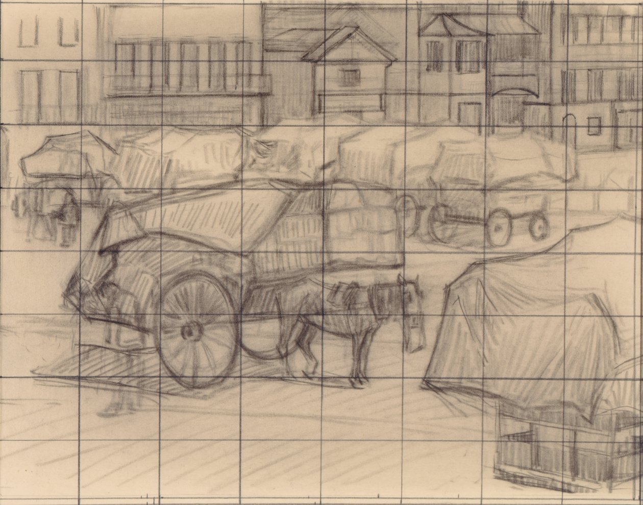 干草车，坎伯兰市场，1915年（纸上蜡笔） 作者 罗伯特·波希尔·贝文