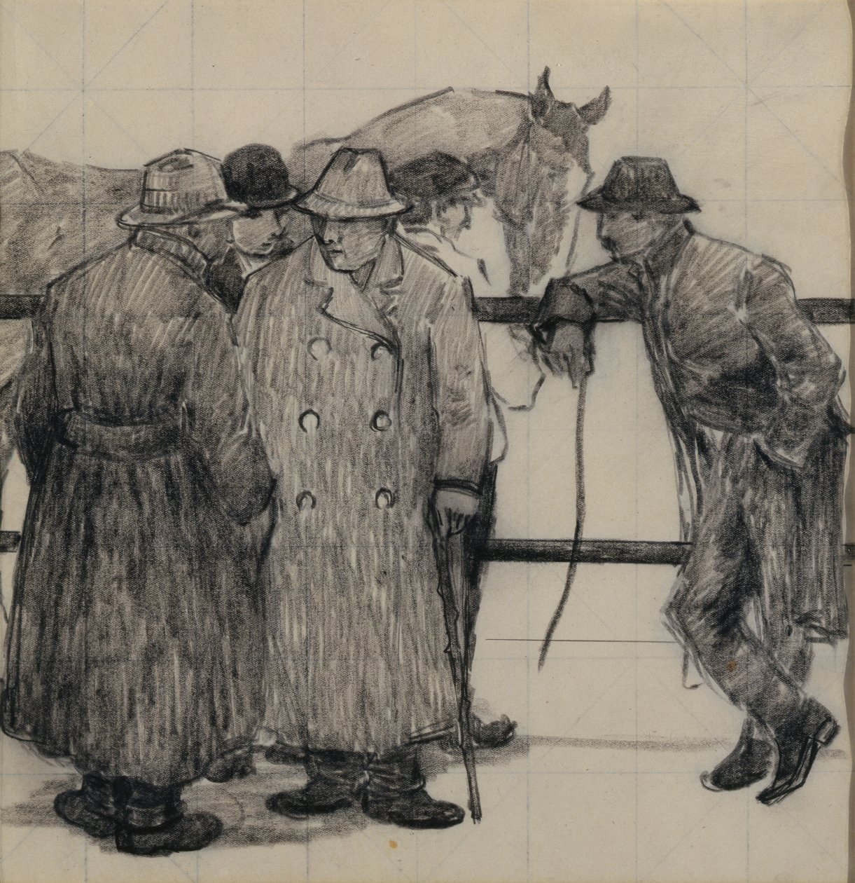 研究马经销商，c.1917（铅笔在方格纸上） 作者 罗伯特·波希尔·贝文