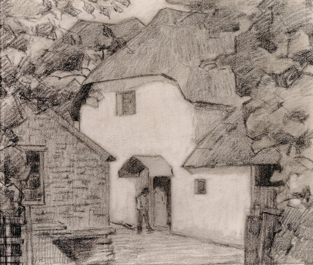 工厂的来电者，1918-19（纸上的蜡笔） 作者 罗伯特·波希尔·贝文