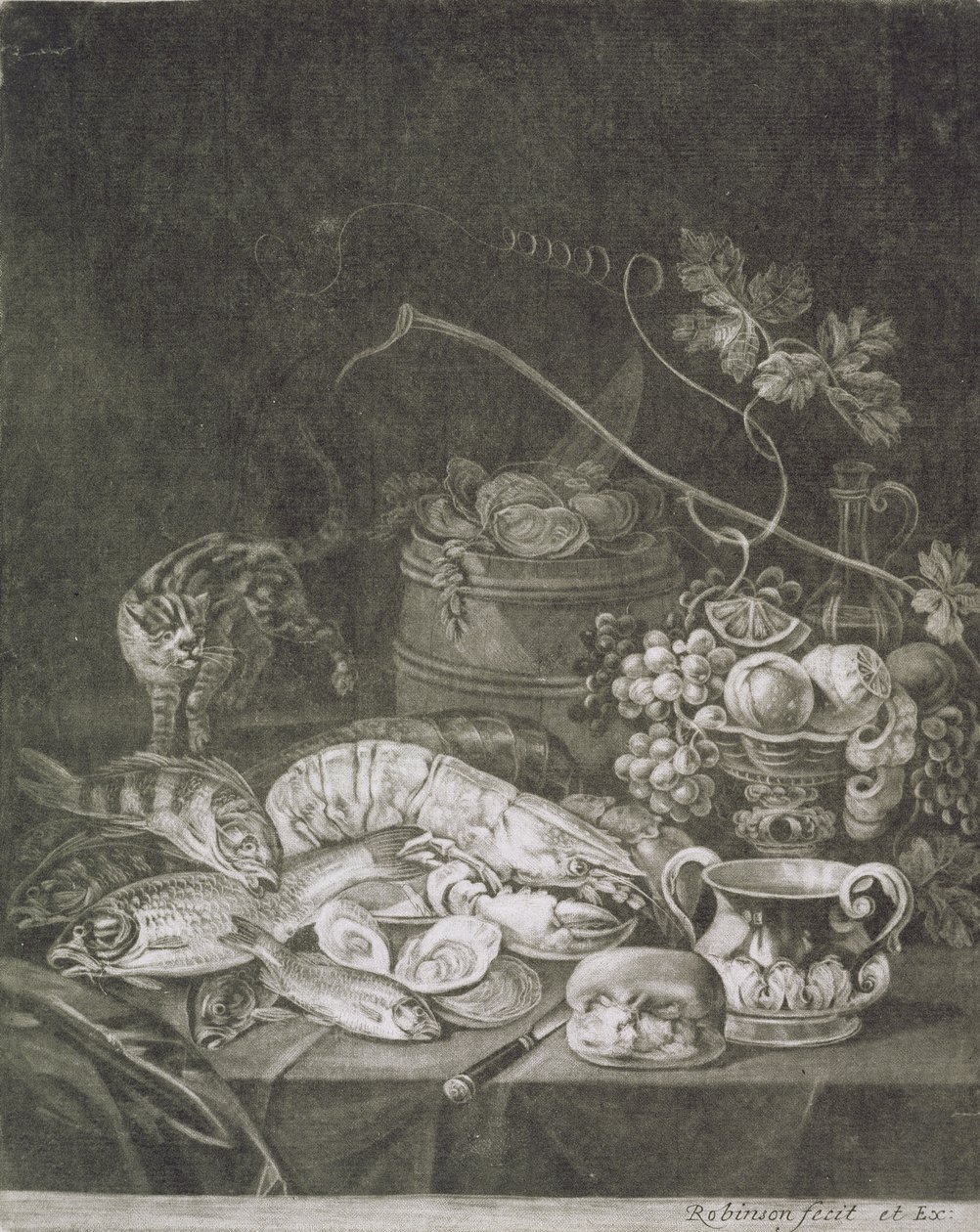 龙虾，鱼和猫的宴会片（带烧伤工作的mezzotint） 作者 罗伯特·罗宾逊
