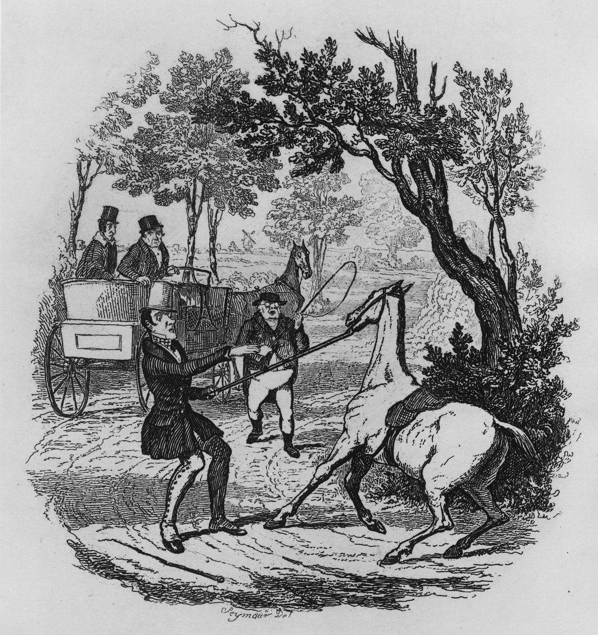 温克尔先生和匹克威克先生试图控制他们的马，1836年查尔斯狄更斯的“匹克威克论文”中的插图 作者 罗伯特·西摩