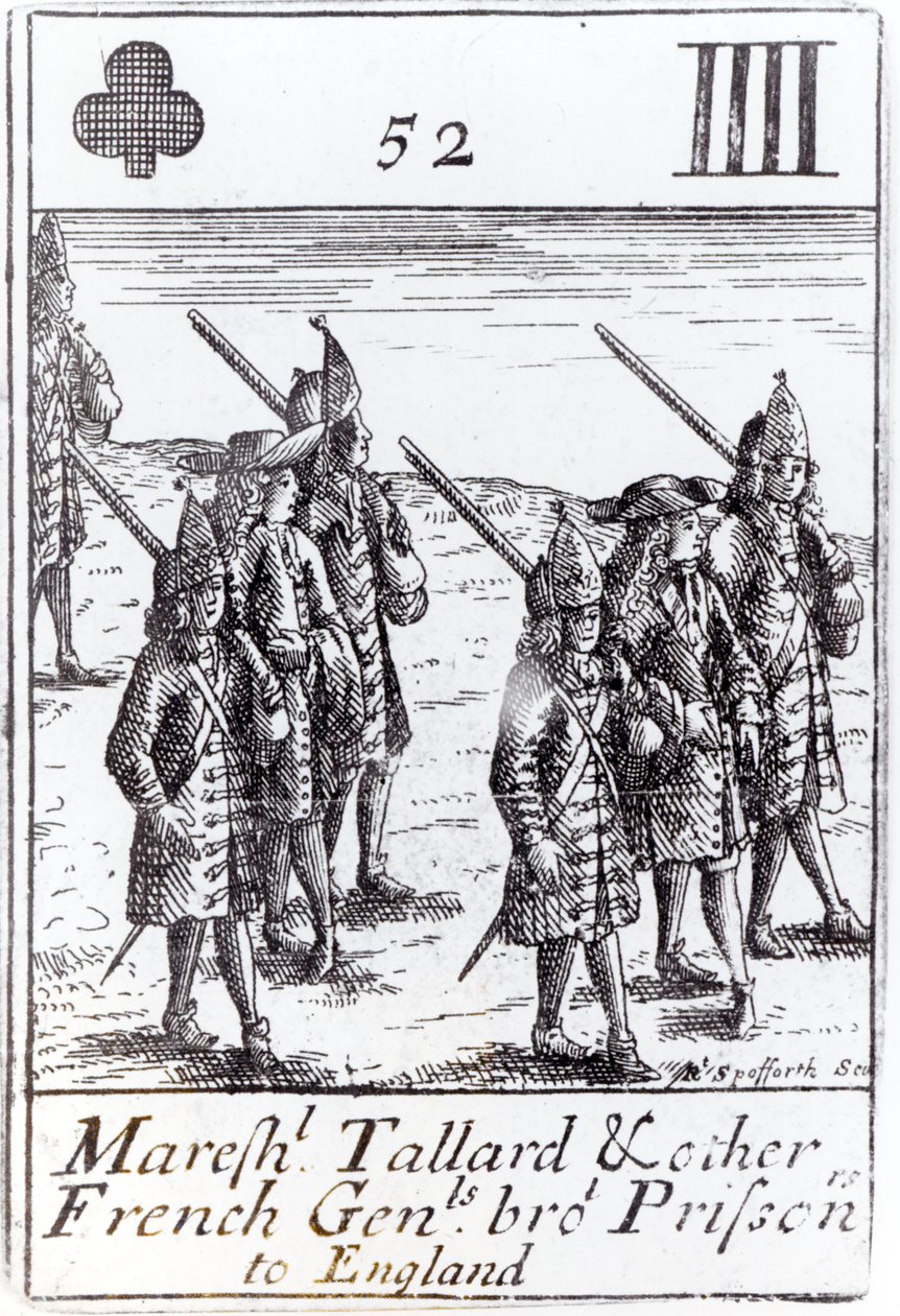 Tallard元帅和其他法国将军将囚犯带到英格兰，四个俱乐部的扑克牌来自纪念西班牙王位继承战争（1702-13） 作者 罗伯特·史波福斯