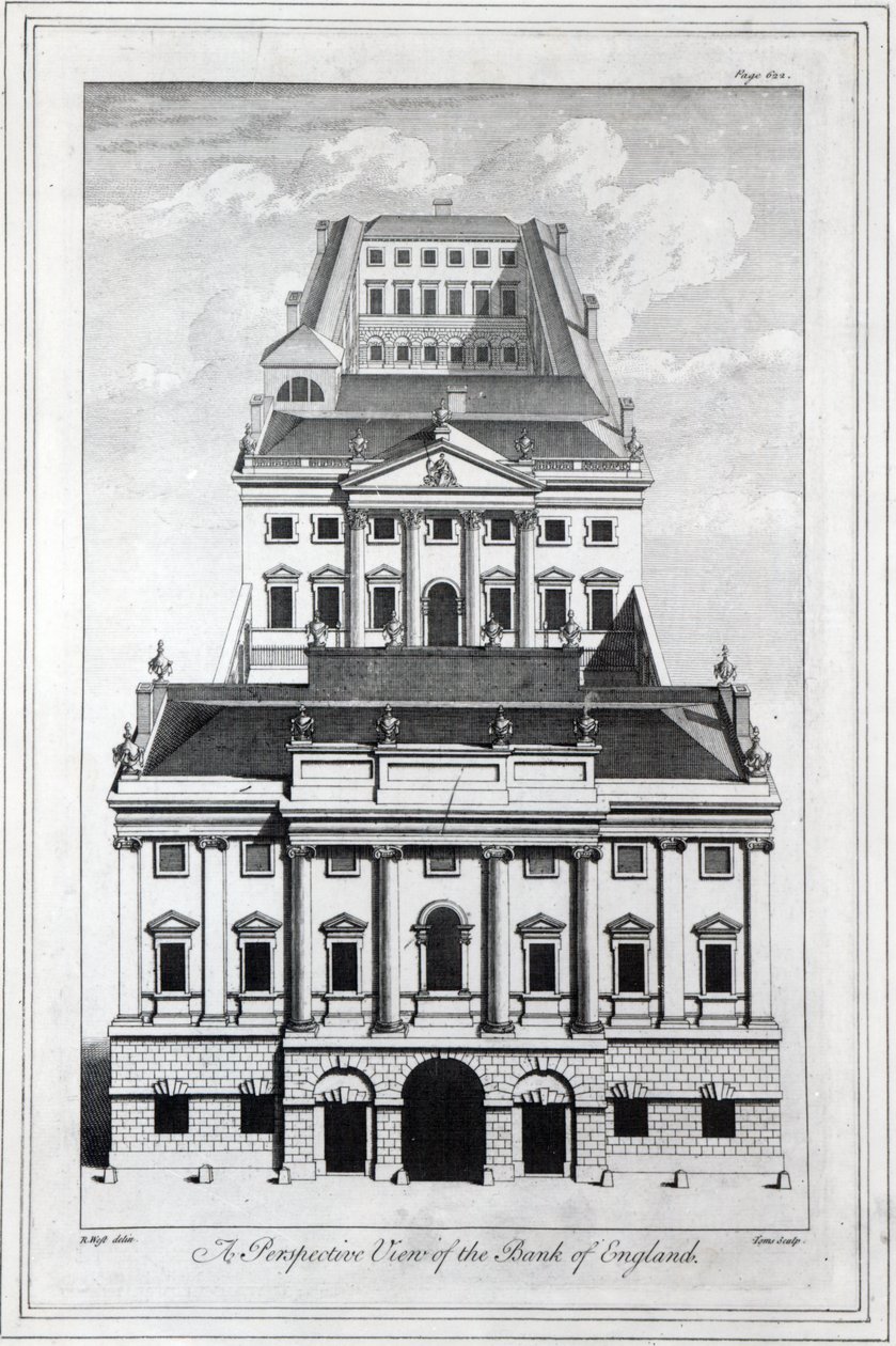 英格兰银行的透视图，由威廉亨利汤姆斯刻，1739年 作者 罗伯特·韦斯特
