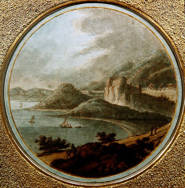 海湾上的城堡和船只，约1775年（纸上水彩笔墨）。 作者 罗伯特（收件人）亚当