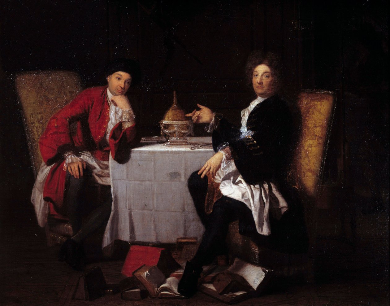 两个享乐主义者 两个哲学家对着一张桌子说话。 绘画归功于 Robert Tournieres (1668-1752) 18 世纪 Caen，博物馆美术学院 作者 罗伯特（追逐）比赛