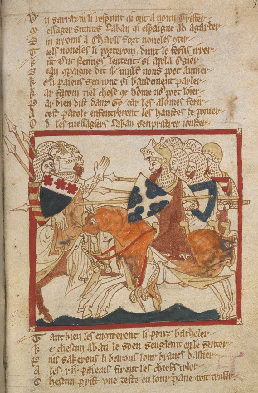 Egerton 3028 f.98 他们击败了派来接应他们的撒拉逊人，插图选自 "Roman de Brut, a verse epitome with continuation to Edward III; La Destruction de Rome; Fierabras"（牛皮纸上的墨水和彩色）。 作者 罗伯特（c.1110 74）韦斯