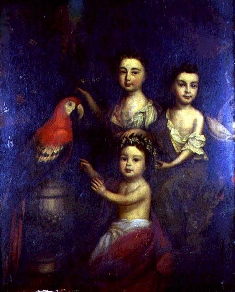 三个孩子和一只金刚鹦鹉的画像 作者 罗伯特（圈子） Byng 或 Bing