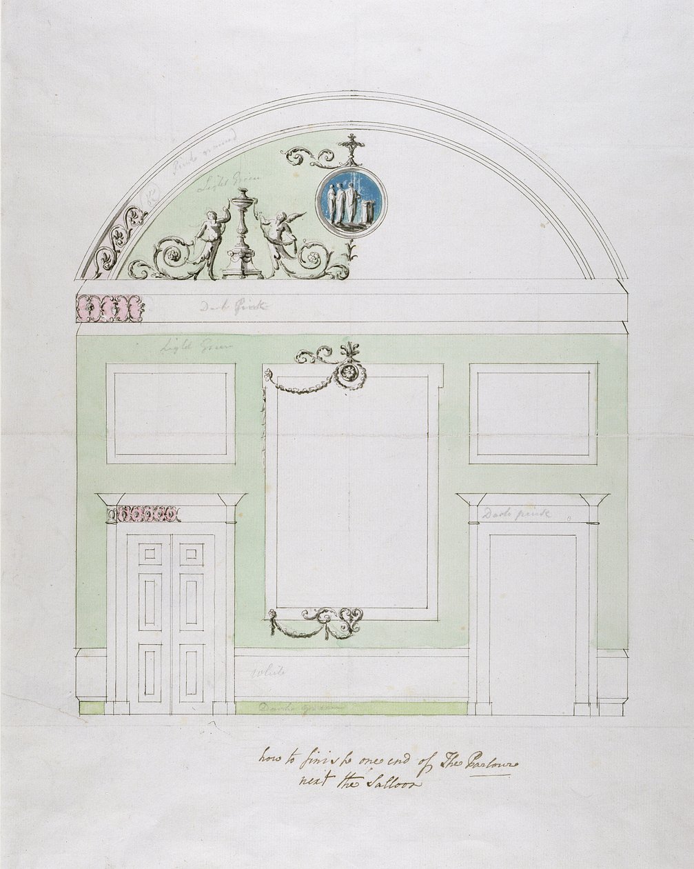 餐厅的端墙设计，Headfort House（笔和黑色墨水在石墨上与wc在纸上） 作者 罗伯特·亚当