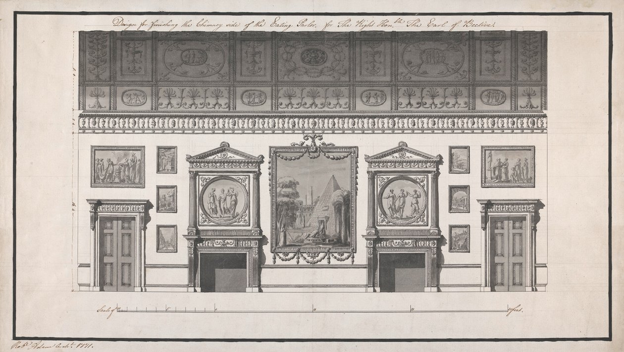 Headfort House，吃客厅，烟囱边（笔和黑色墨水，用铅笔在纸上洗） 作者 罗伯特·亚当