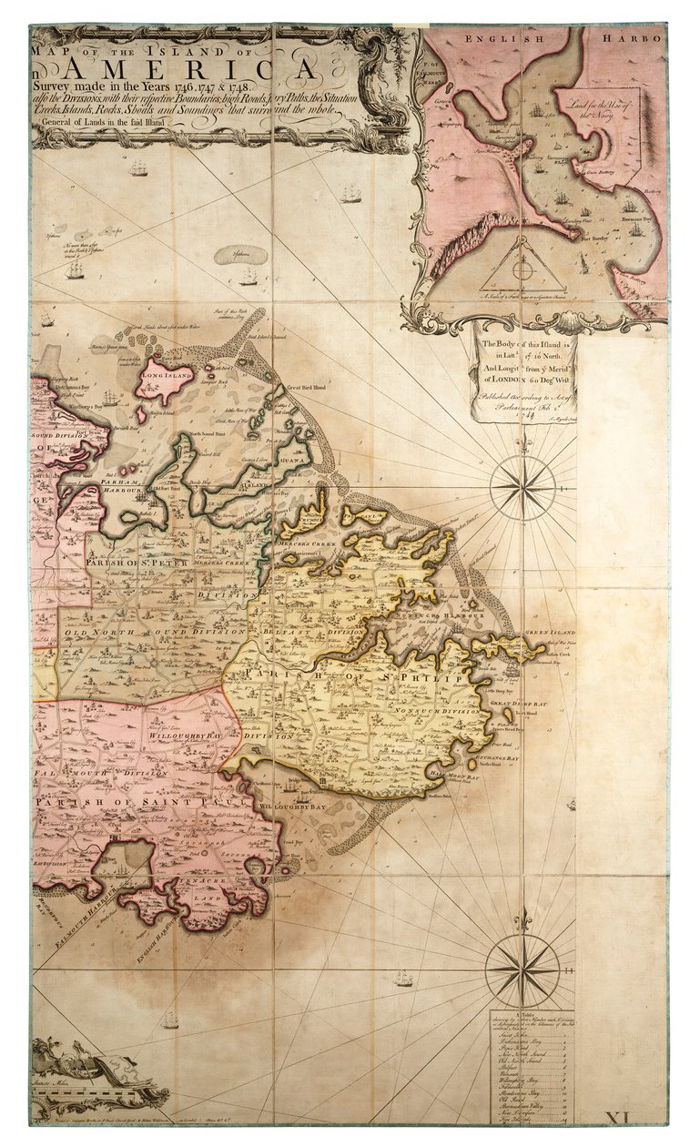 根据 1746-1748 年的勘测绘制的新的美洲安提瓜岛精确地图，约 1749 年（彩色版画） 作者 罗伯特·贝克