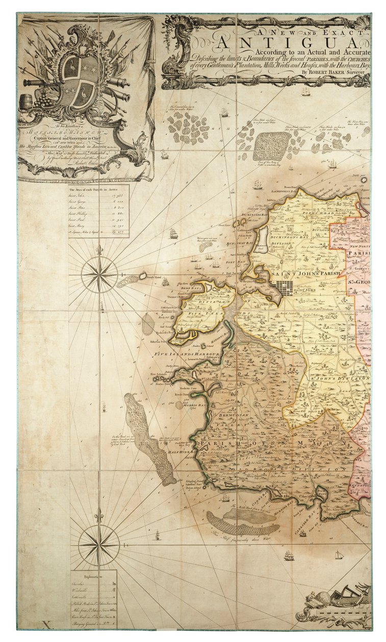 根据 1746-1748 年的勘测绘制的新的美洲安提瓜岛精确地图，约 1749 年（彩色版画） 作者 罗伯特·贝克