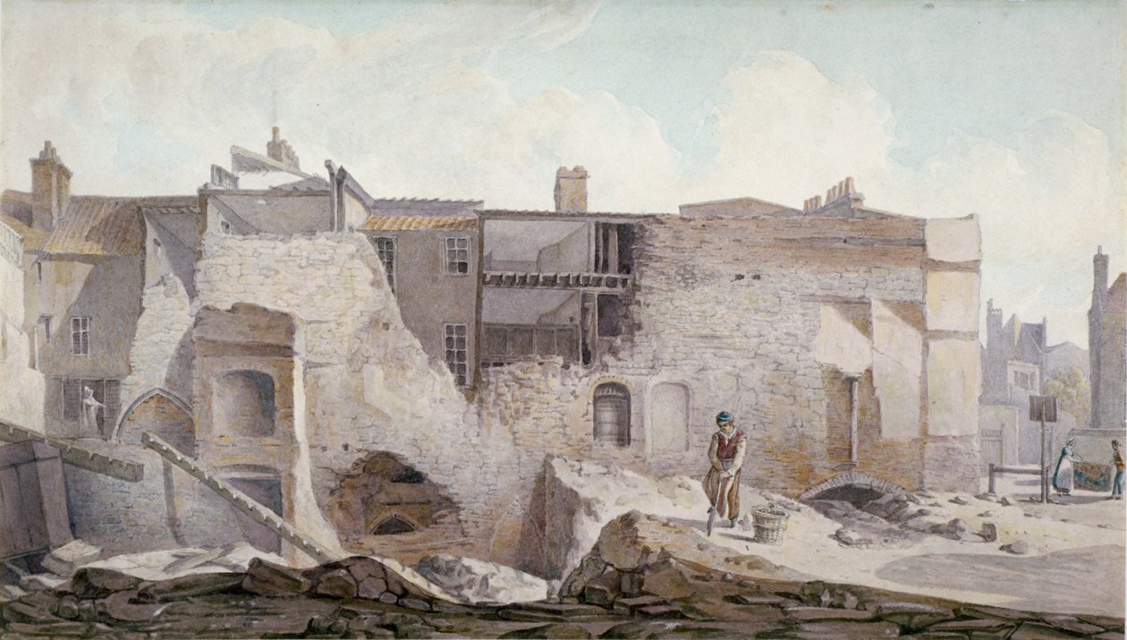 1824年，伦敦市Aldgate的圣三一修道院的部分废墟景观。               作者 罗伯特·布雷默尔·施内伯贝利