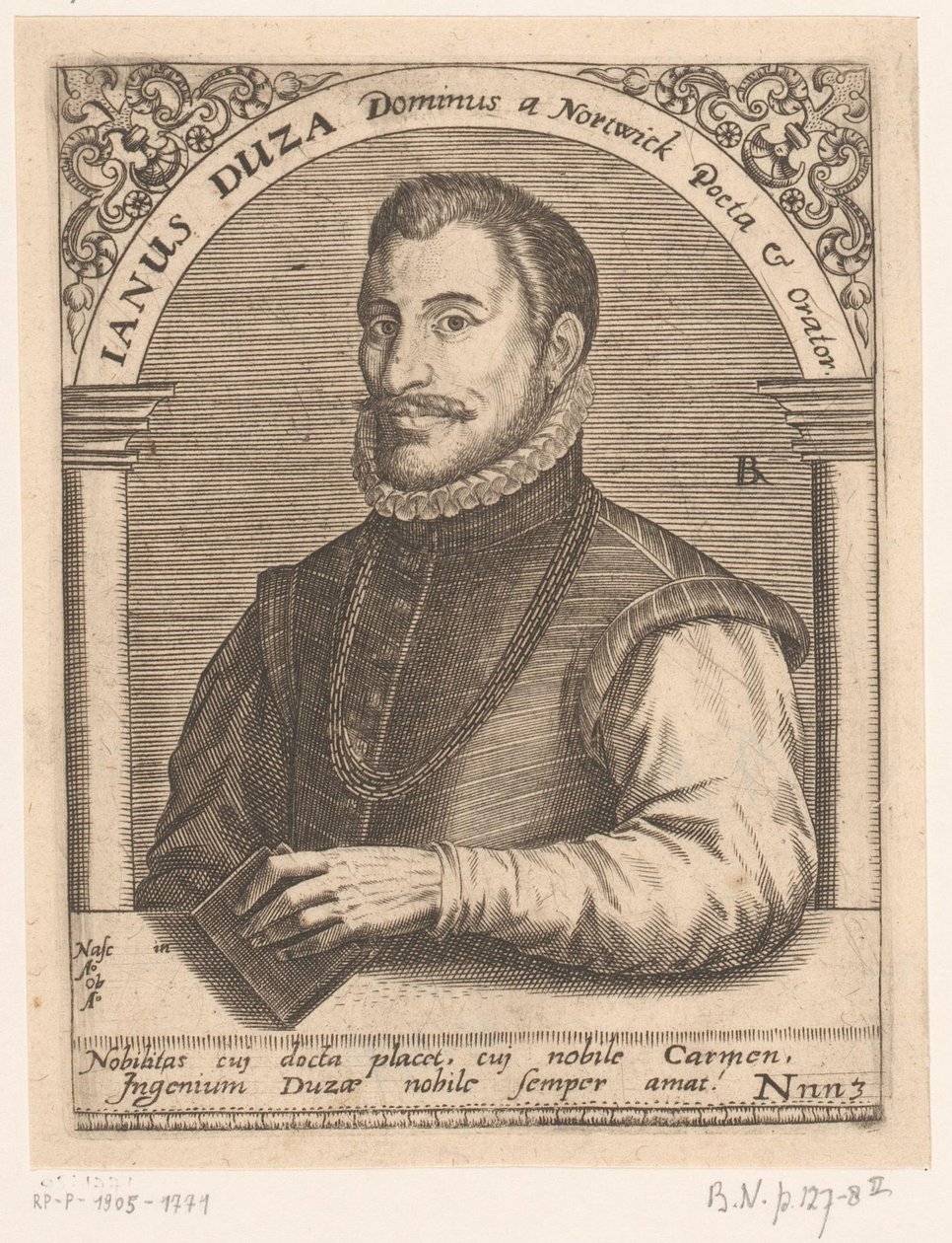 雅努斯-杜萨肖像
Janus Duza Dominus，诺特威克诗人兼演说家。(物品上的标题）
十五和十六世纪学者肖像系列（系列名称） 作者 罗伯特·博萨德