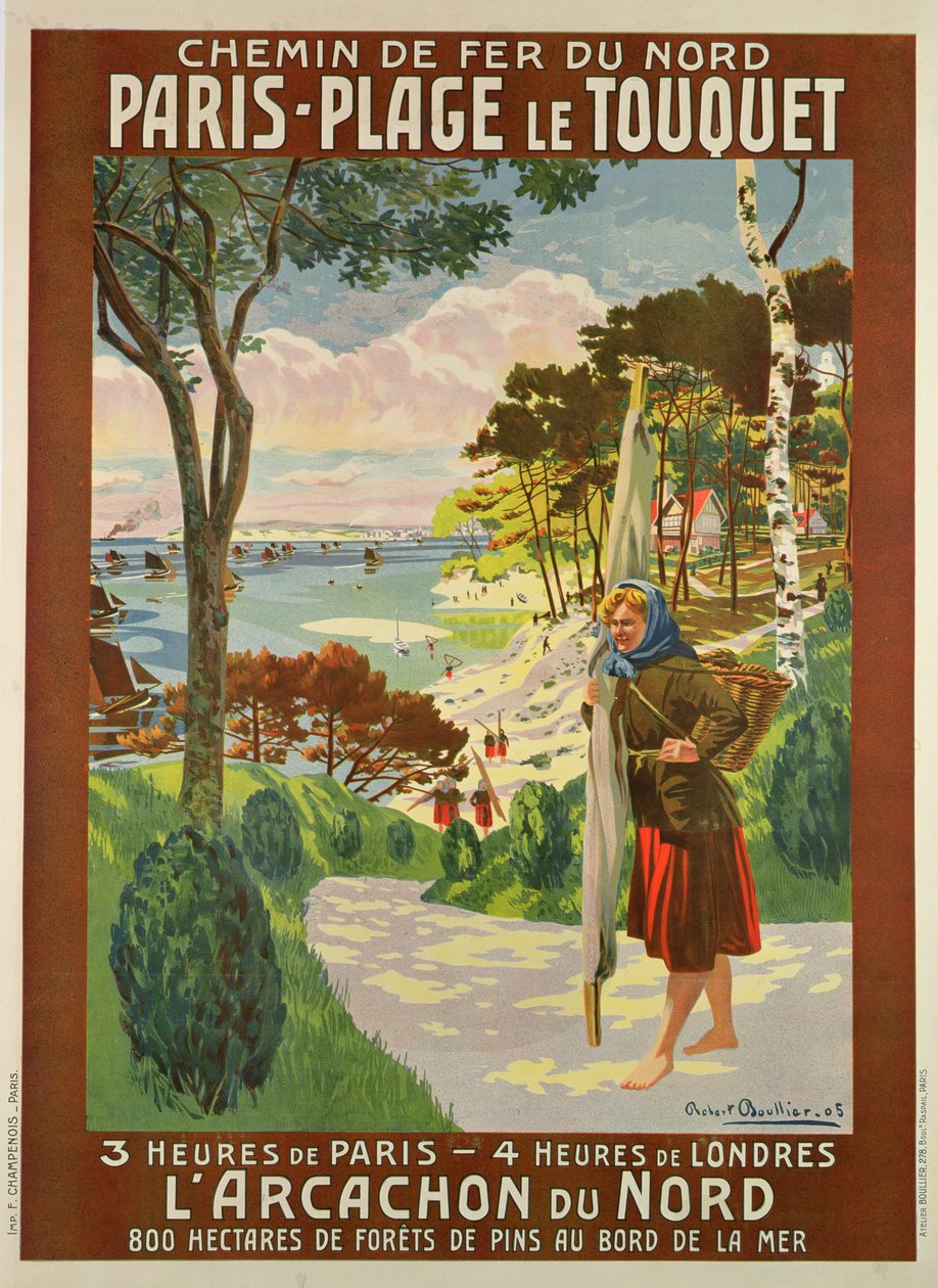 巴黎-普拉日勒图凯（Paris-Plage le Touquet）广告海报，加莱海峡，约 1910 年（彩色石版画 作者 罗伯特·布利尔