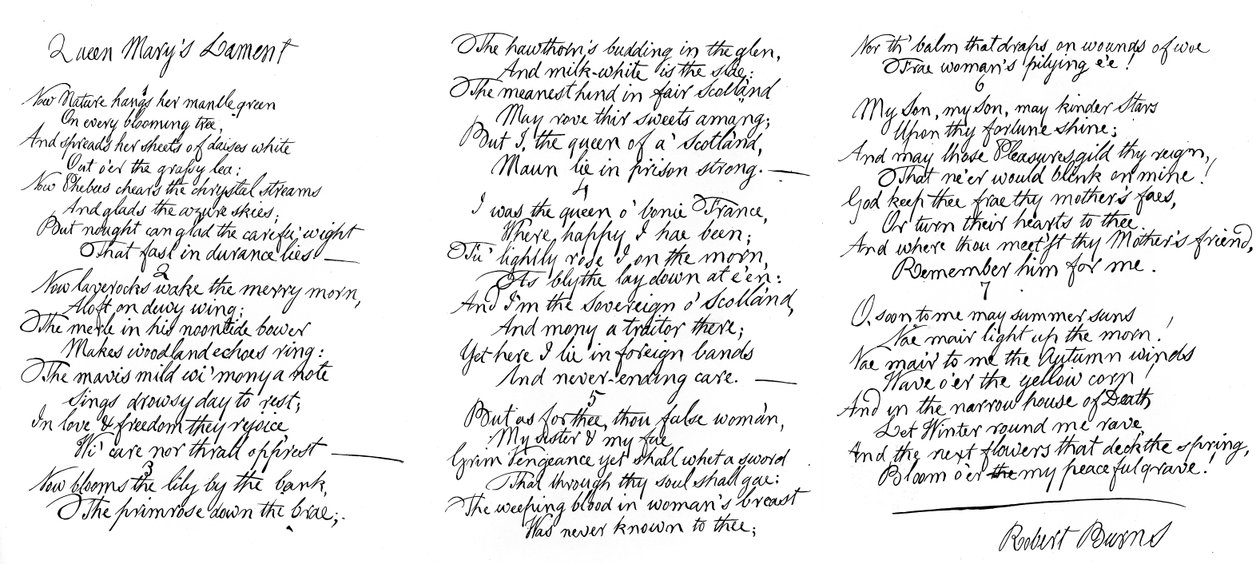 玛丽亚斯·蕾曼女王（Queen Marys Lament），罗伯特·伯恩斯（Robert Burns）手写的诗，18世纪末，1840年 作者 罗伯特·伯恩斯