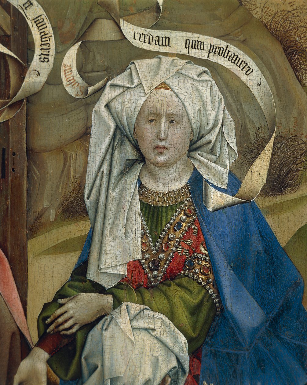 代表耶稣诞生的女性的细节，由 Flemalle 大师 Robert Campin (1375/1379-1444) 绘制，面板油画，约 1420 年 作者 罗伯特·坎平