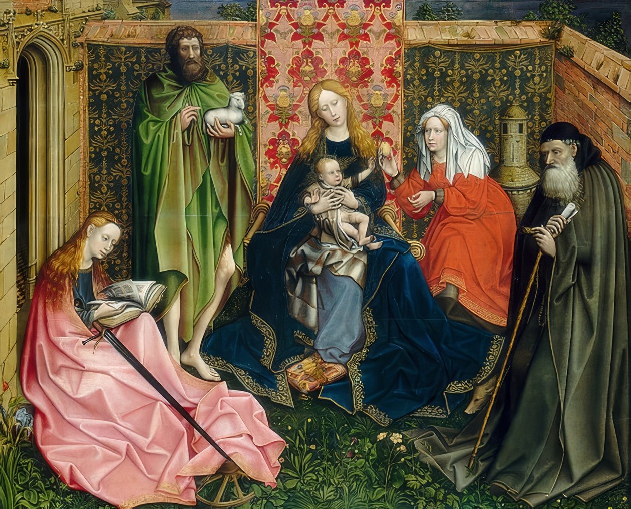 麦当娜（Madonna）和孩子与圣徒（Saints）在荷特斯（Hortus）的合集中约于1440-60 作者 罗伯特·坎平