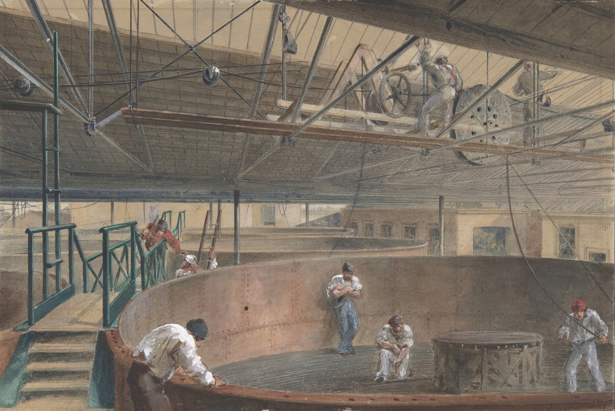 在电报建设厂的大水箱中卷起电缆......，1865年，1865年。 作者 罗伯特·查尔斯·达德利