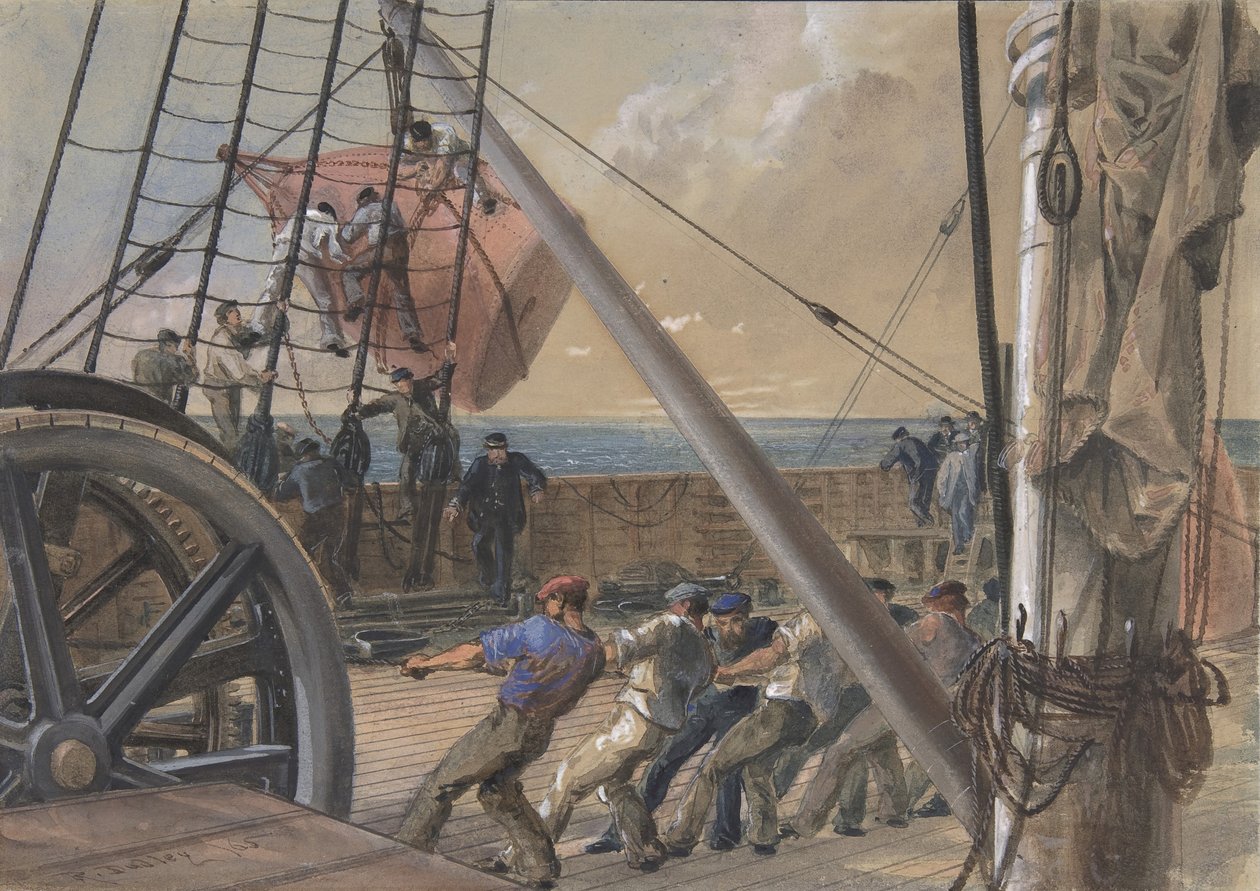 拿出一个大浮标准备下水，1865年8月2日，1865年。 作者 罗伯特·查尔斯·达德利