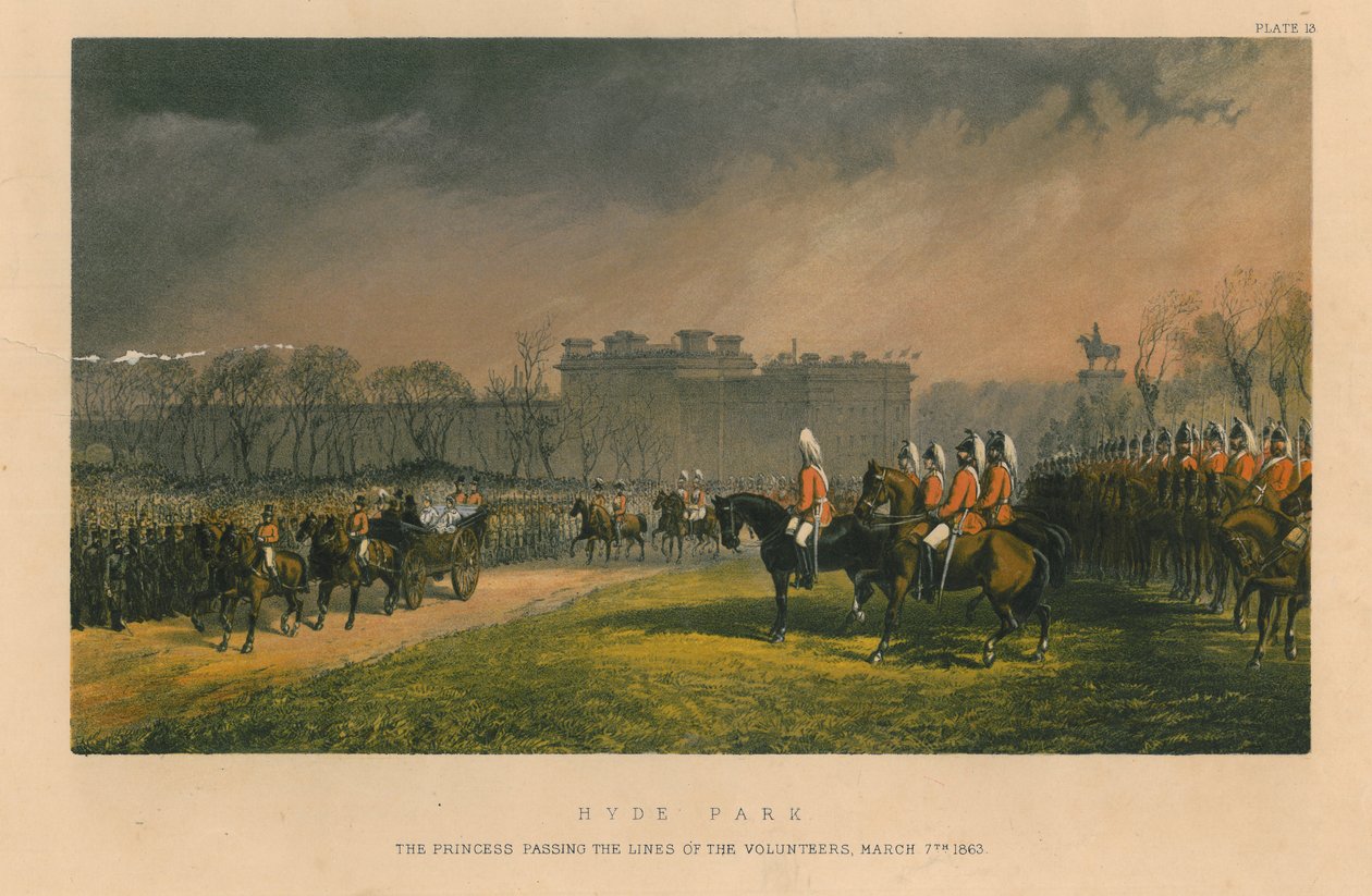 海德公园 - 通过志愿者队伍的公主，1863年3月7日，1863年 作者 罗伯特·查尔斯·达德利