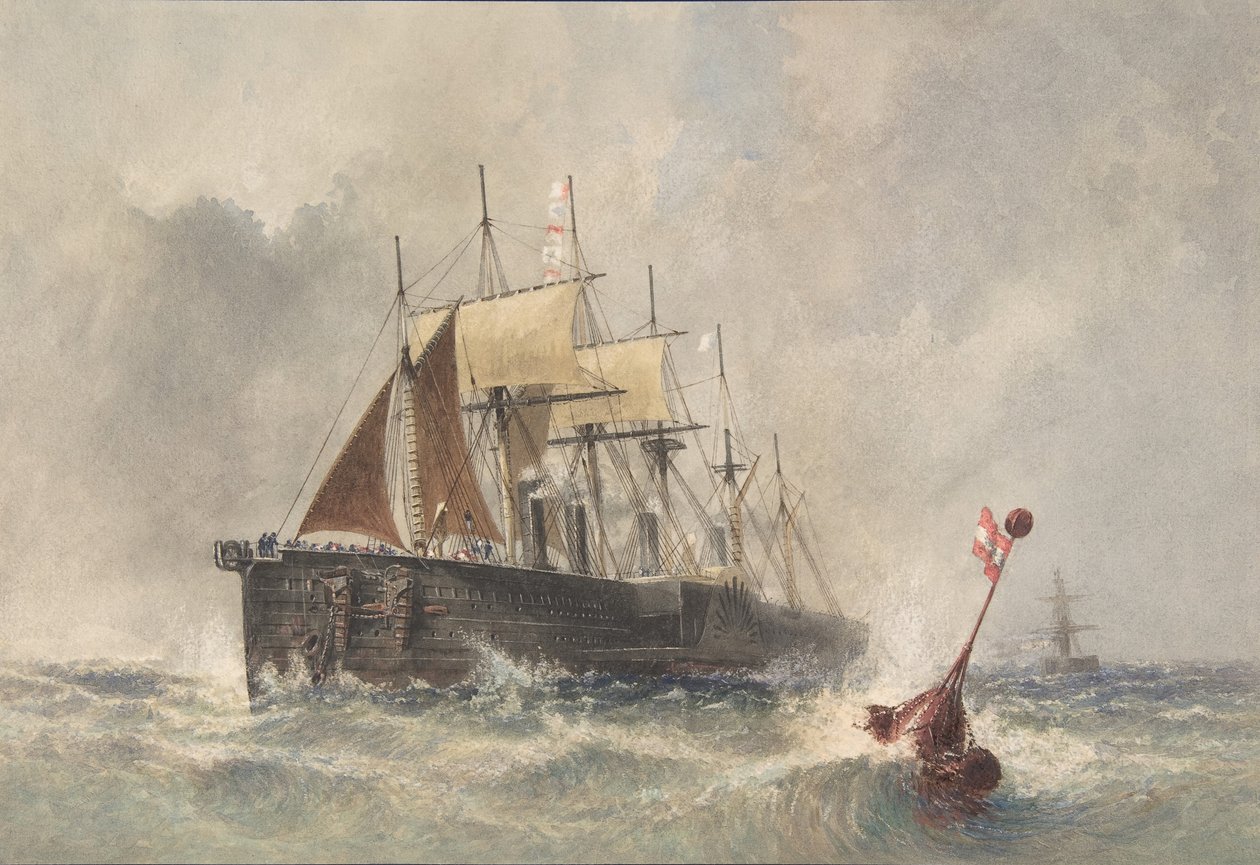 1865年8月8日，从大东方号的船头发射浮标，1865-66。 作者 罗伯特·查尔斯·达德利