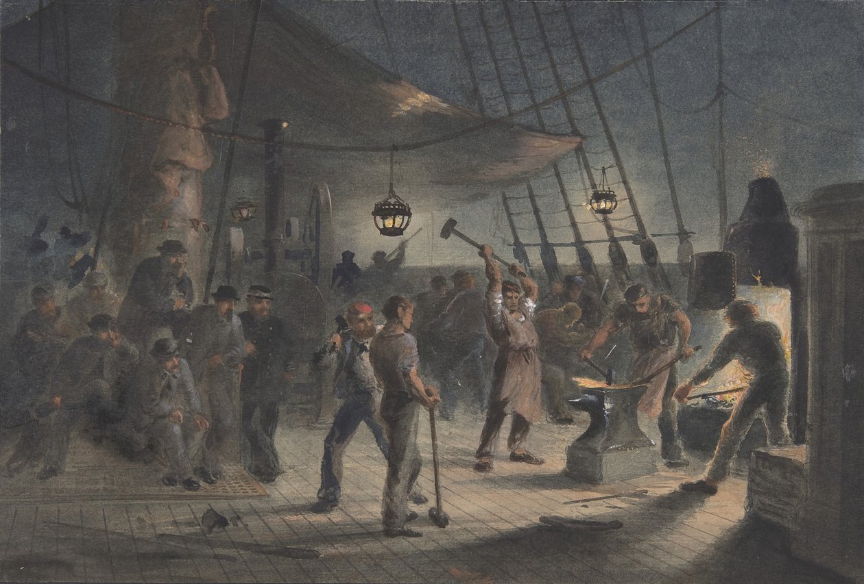 8月9日晚，甲板上的锻造厂：准备Capstan的铁板，1865-66年。 作者 罗伯特·查尔斯·达德利