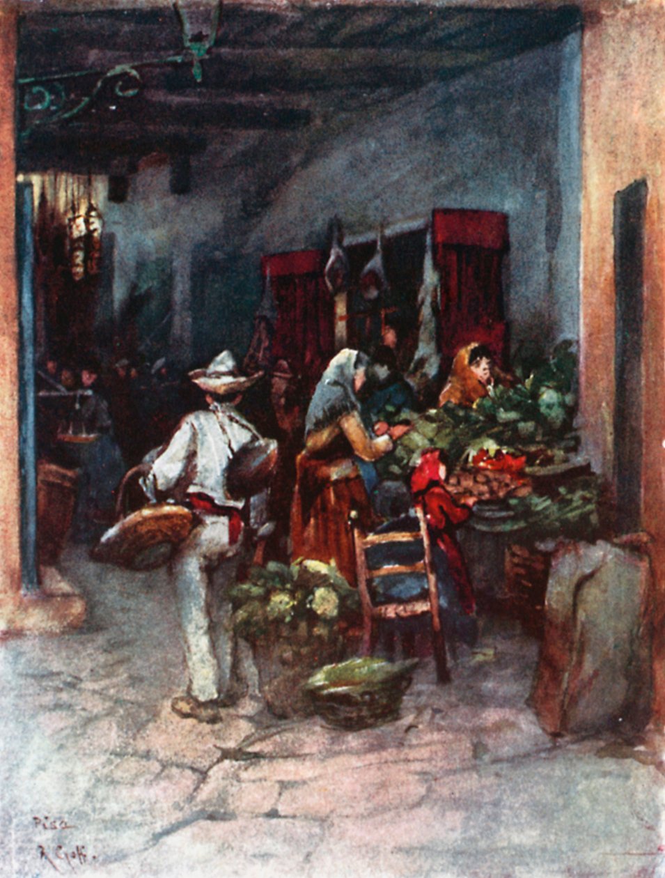 比萨的水果和蔬菜摊位（彩色石版画） 作者 罗伯特·查尔斯·高夫