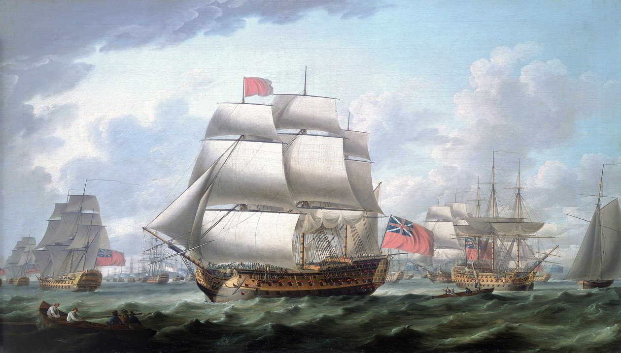 胜利号 "驶离斯皮特黑德（英格兰），身披红旗和胭脂鱼海军中将旗，右侧是一艘三桅船，被确认为 "夏洛特女王号"。 作者 罗伯特·多德