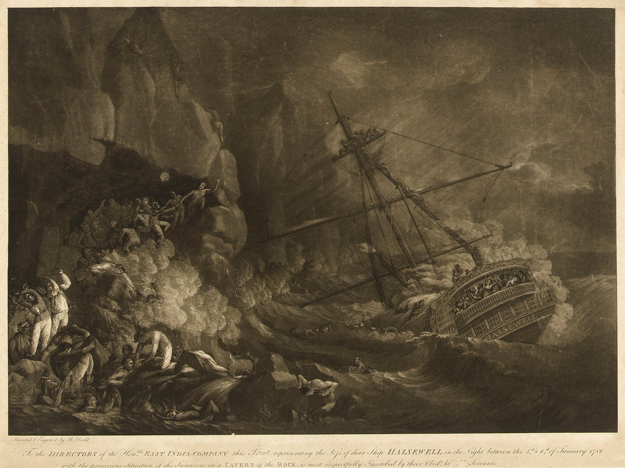 1786 年 1 月 5-6 日晚东印度公司的 "Harsewell "号轮船失事，约 1786 年（水印，蚀刻版画） 作者 罗伯特·多德