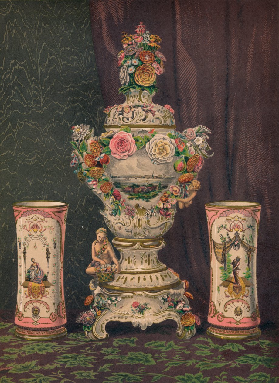 花瓶德累斯顿瓷器和一对瓷烧杯，1863年。 作者 罗伯特·杜德利