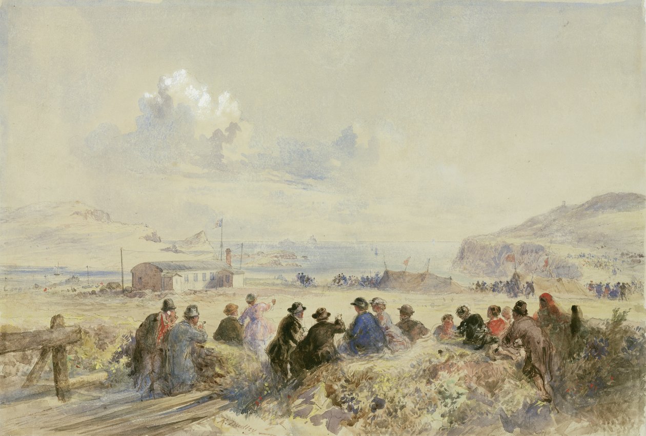 从沙丘上观看演习，瓦伦西亚，福尔哈默姆湾，约 1865 年（纸面水彩画） 作者 罗伯特·杜德利
