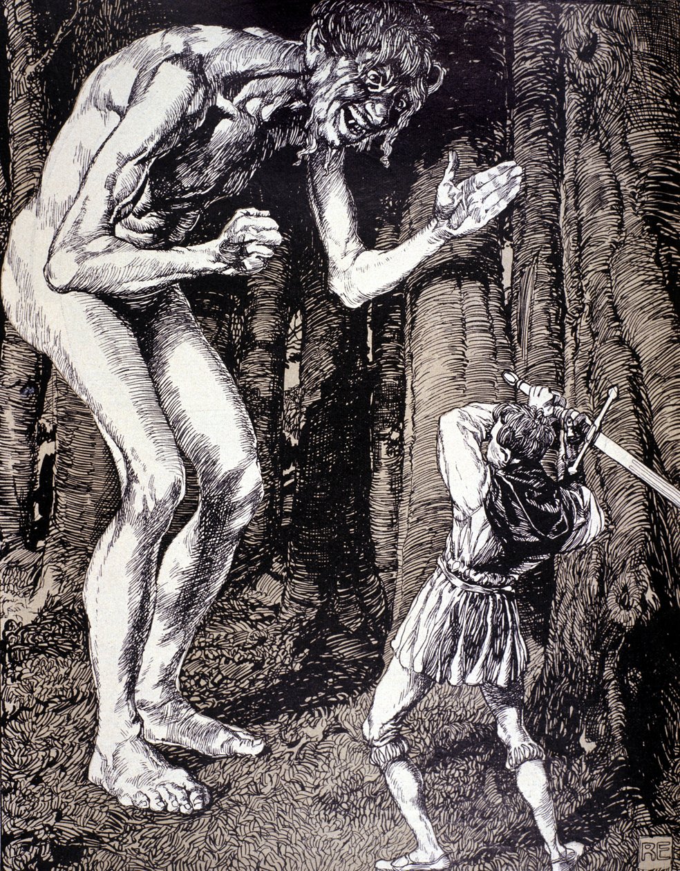 骑士和巨人。插图：罗伯特-恩格斯（1856 - 1936）。德国版画。(杜塞尔多夫) 作者 罗伯特·恩格斯
