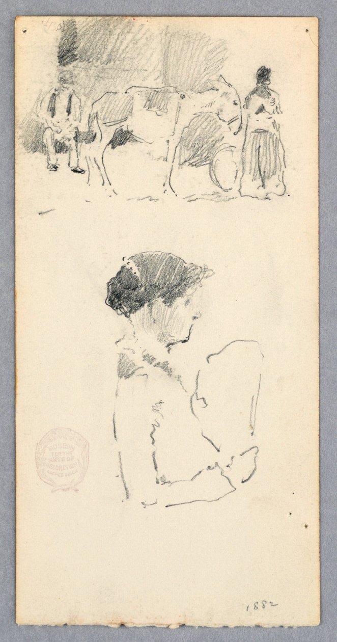 素描，有驴和两个人物的场景；手持扇子的女子，1882 年 作者 罗伯特·弗雷德里克·布鲁姆
