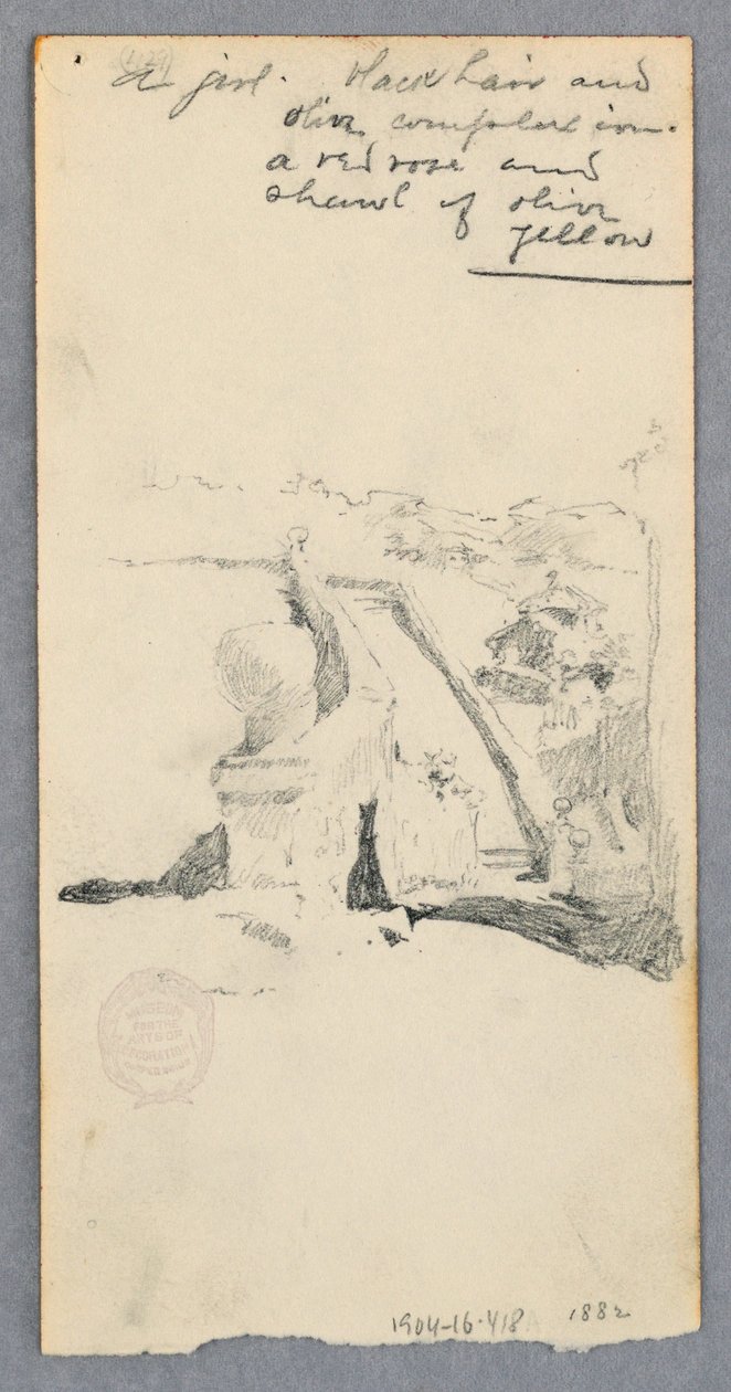 素描，《从高处俯瞰城市》（正面）；《手持罐子的女人》（背面），1882 年 作者 罗伯特·弗雷德里克·布鲁姆