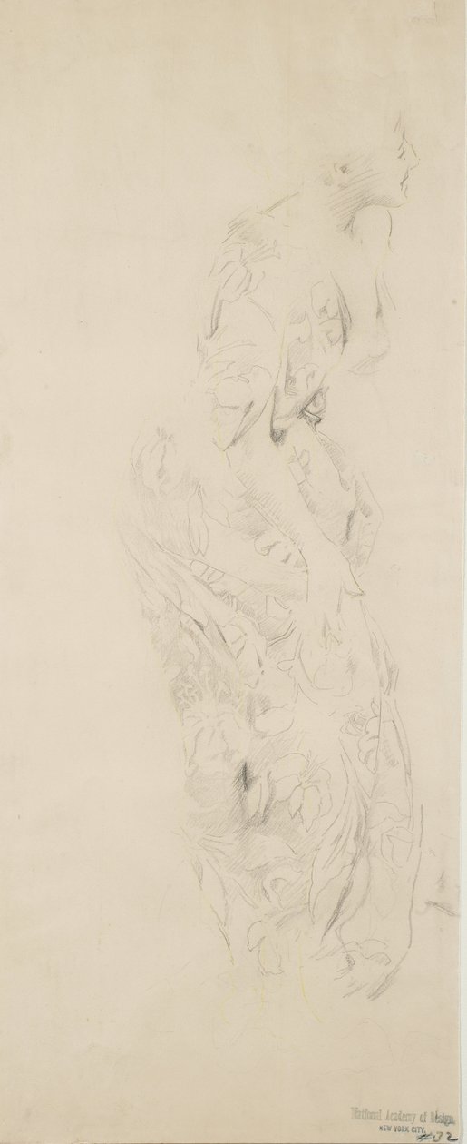 花卉印花连衣裙的女人的素描，可能是心情到音乐壁画，1893-98（浅黄色纸上的石墨和黄色铅笔） 作者 罗伯特·弗雷德里克·布鲁姆