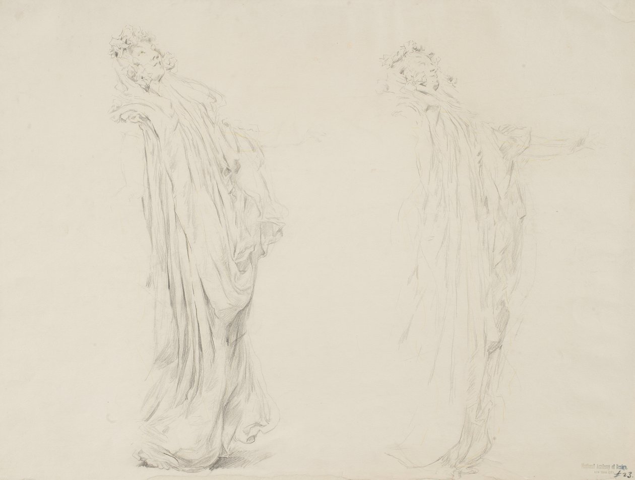 研究两个女性人物为音乐壁画，1893年至1995年（石膏用黄色铅笔在奶油编织纸上） 作者 罗伯特·弗雷德里克·布鲁姆