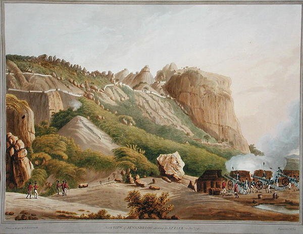 显示1791年12月攻击的Sewandroog北景，插图来自J.W. Edy雕刻和着色的 "Tipoo Sultan国家迈索尔的十二景"，1804年出版（彩色水印）。 作者 罗伯特 H.（后）科尔布鲁克