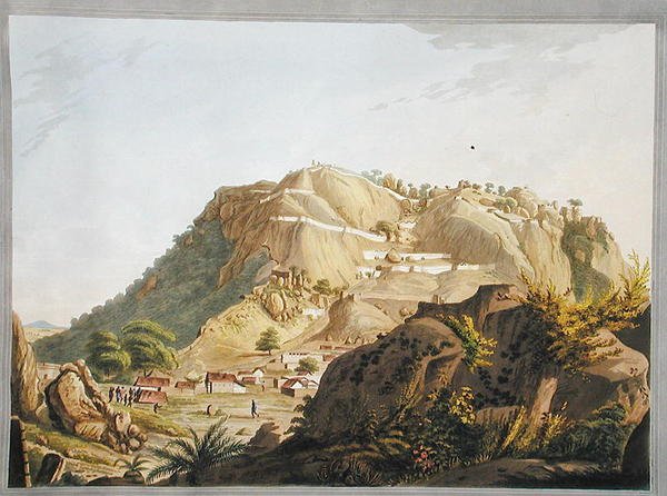 Ootra-Durgum的西南景象，出自J.W. Edy雕刻和着色的 "Twelve Views of Mysore, the Country of Tippoo Sultan "的插图，1804年出版（彩色水印）。 作者 罗伯特 H.（后）科尔布鲁克