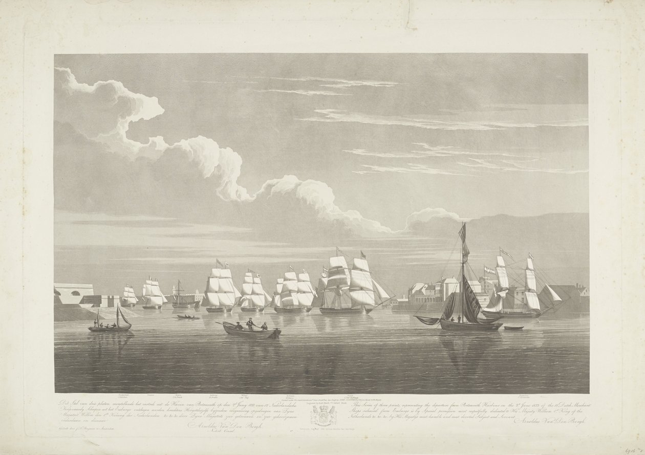 12 艘荷兰商船离开朴次茅斯港，1833 年（幻灯片 1）
这套三张幻灯片描绘了 1833 年 6 月 2 日 12 艘荷兰商船离开朴次茅斯港的情景。 作者 罗伯特·哈维尔 (II)