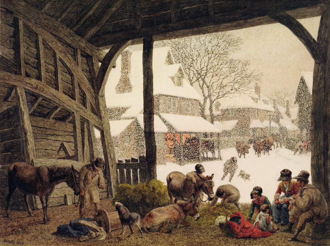 乡村雪景，1819年（wc，体彩，刮掉石墨） 作者 罗伯特·希尔斯