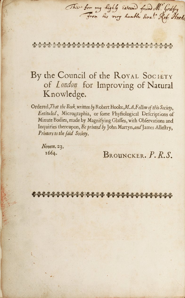 1665年“显微照片：或放大镜制成的微小物体的某些生理学描述”的签名页 作者 罗伯特·胡克