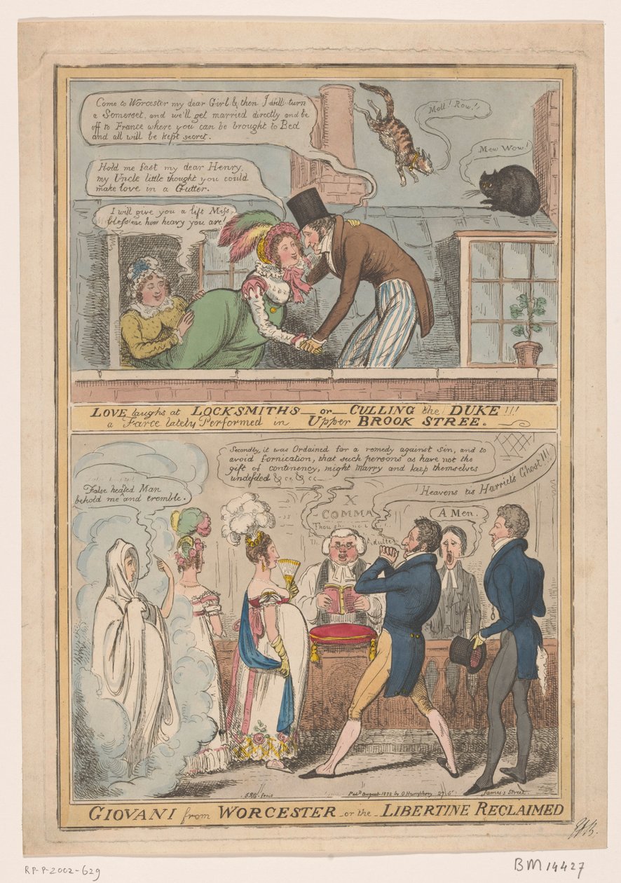 Spotprent over het huwelijk van de markies van Worcester en Anne Francis Culling Smith, 1822
爱笑锁匠--或--剔除公爵！！最近在上布鲁克街上演的一出闹剧/伍斯特的乔瓦尼--或--被夺回的放荡者（标题上有 作者 罗伯特·艾萨克·克鲁克香克
